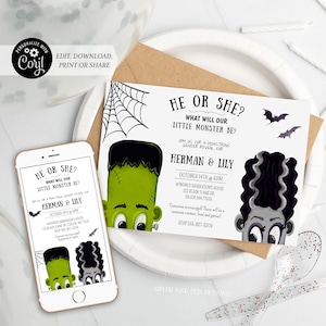 Halloween Gender Reveal Invitation | Editable Frankenstein | Printable and Digital - Corjl #047-23PI