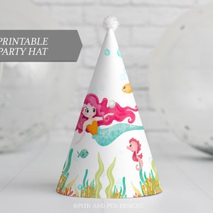 Mermaid Party Hat, Pool Party Birthday, Printable Party Decor, #064-38PH