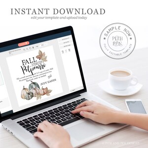 May include: A laptop computer screen displaying a digital template for a fall potpourri recipe. The template features a watercolor illustration of pumpkins and leaves. The text on the template reads "Fall Stovetop Potpourri" and includes instructions for making the potpourri. The text "Judy Hanes" is also included on the template.