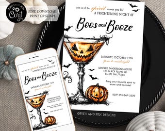 Boos or Booze Halloween Invitation | Frightening Good Night | Printable and Digital - Corjl #014-006PI