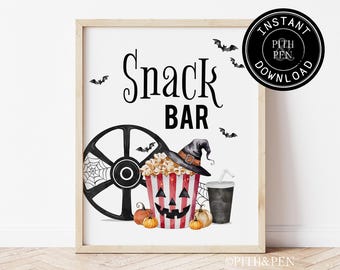 May include: Printable Halloween snack bar sign featuring a black and white film reel, a popcorn bucket with a witch's hat, and a black and white soda cup. The sign reads "Snack Bar" in black text.