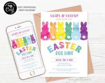 May include: Easter egg hunt invitation with colorful bunny silhouettes and the text "What's Up Peeps!" and "Easter Egg Hunt." The invitation is displayed on a smartphone and a paper card.