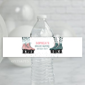 Roller Skate Water Bottle Label, PRINTABLE Birthday Party Favor, Instant Download, Corjl #048-25WBL