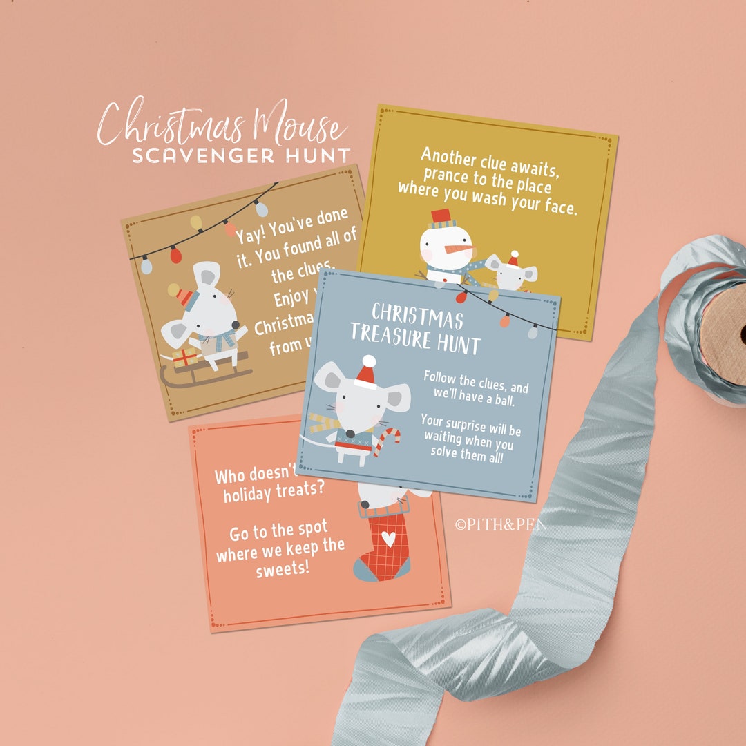 Printable Christmas Present Scavenger Hunt Cards, Treasure Hunt, Cute Mouse, Instant Download 