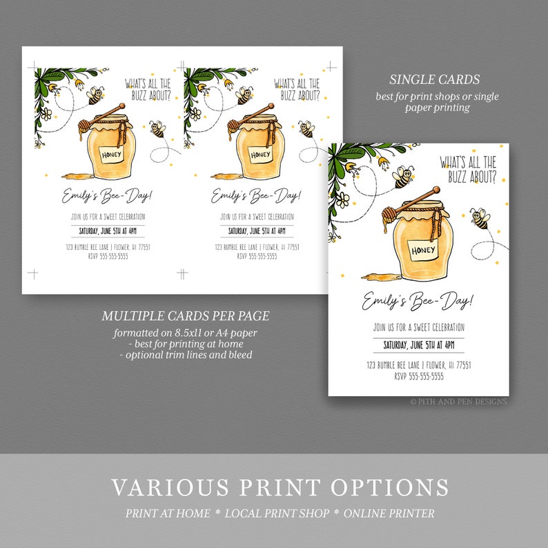 May include: Printable invitation for a bee-themed party. The invitation features a yellow and brown honey jar with a bee flying around it. The text on the invitation reads "Emily's Bee-Day!" and includes the date, time, and location of the party. The invitation also includes the text "What's all the buzz about?" and "Join us for a sweet celebration."