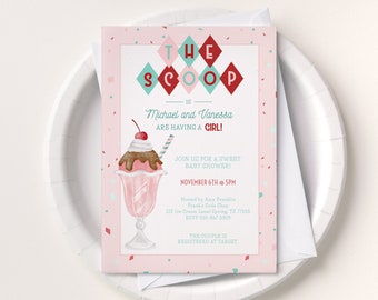 Ice Cream Girl Baby Shower Invitation, Printable Soda Fountain Sundae, Corjl #051-65PI