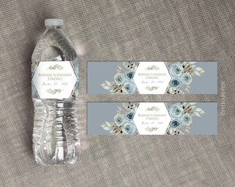 Blue & Brown Water Bottle Label Template, EDITABLE Water Bottle Label, Wedding Printable, Instant Download, Wedding Favor, Corjl 006-04WB