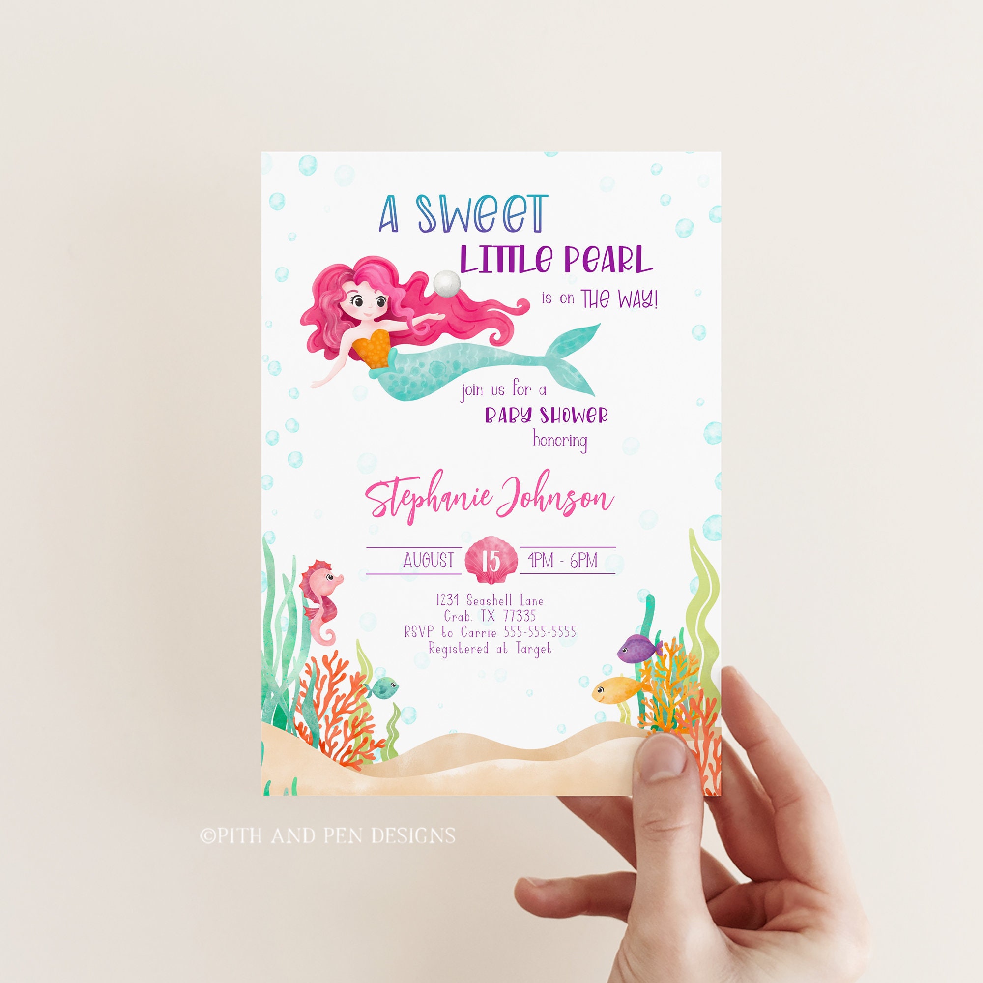Mermaid Baby Shower Invitation Printable Pool Party Corjl 06460PI