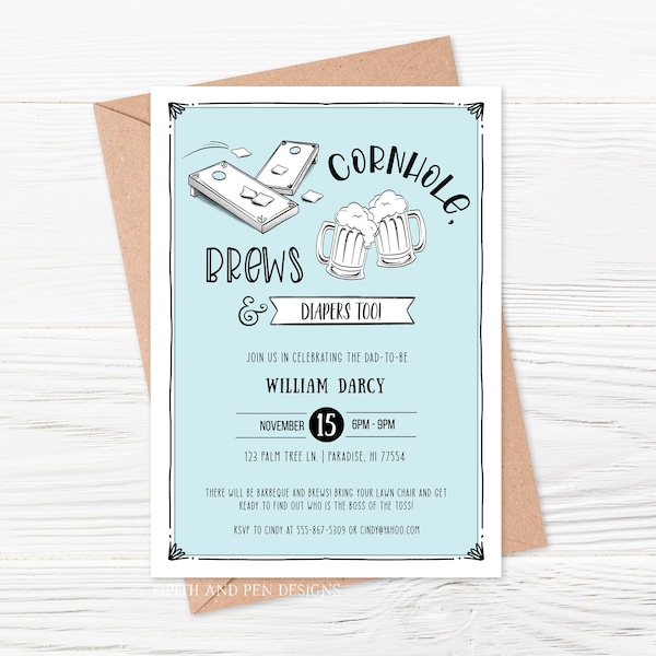 Cornhole Baby Shower Invitation, Brews and Dudes, Instant Download, Corjl #070-23PI