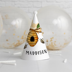 Editable Honey Bee Party Hat, DIY Birthday Party, Printable Party Decor, Corjl #039-17PH