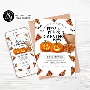 Pizza and Pumpkin Carving Party Invitation | Kids Halloween | Printable, Editable and Digital - Corjl #014-079PI