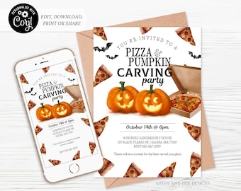 Pizza and Pumpkin Carving Party Invitation | Kids Halloween | Printable, Editable and Digital - Corjl #014-079PI