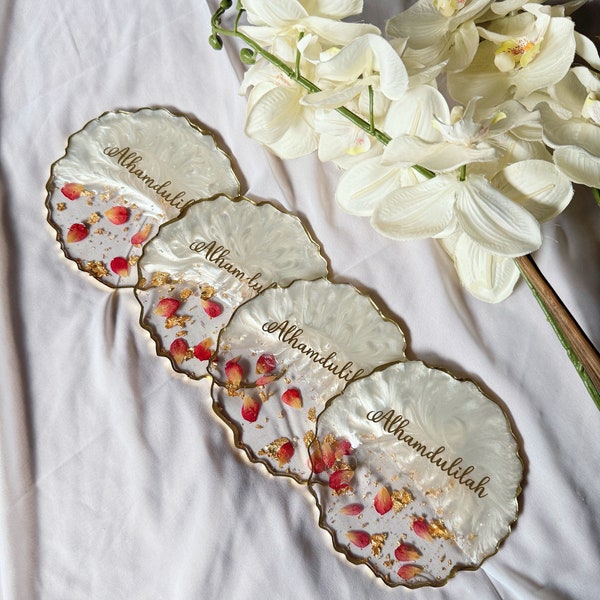 Elegant Alhamdulilah Coasters in ivory and gold featuring red petals | Alhamdulilah coasters | Islamic home decor