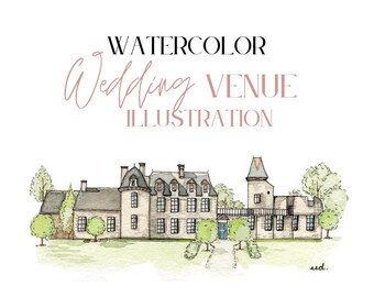 Wedding Venue Watercolor illustration, wedding stationary illustration,hand painted wedding stationary,watercolor wedding venue,DIGITAL ONLY