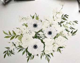 Benutzerdefinierte Hochzeitsstrauß Aquarellmalerei. Hochzeitsandenken, Brautparty und Hochzeitsgeschenk in Form von Hochzeitsblumen. Aquarell-Blumenmalerei