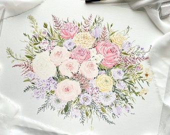 Kundenspezifische Hochzeitsblumenstrauß-Aquarellmalerei. Hochzeit Andenken, Brautparty und Hochzeitsgeschenk der Hochzeitsblumen. Aquarell Blumen Malerei