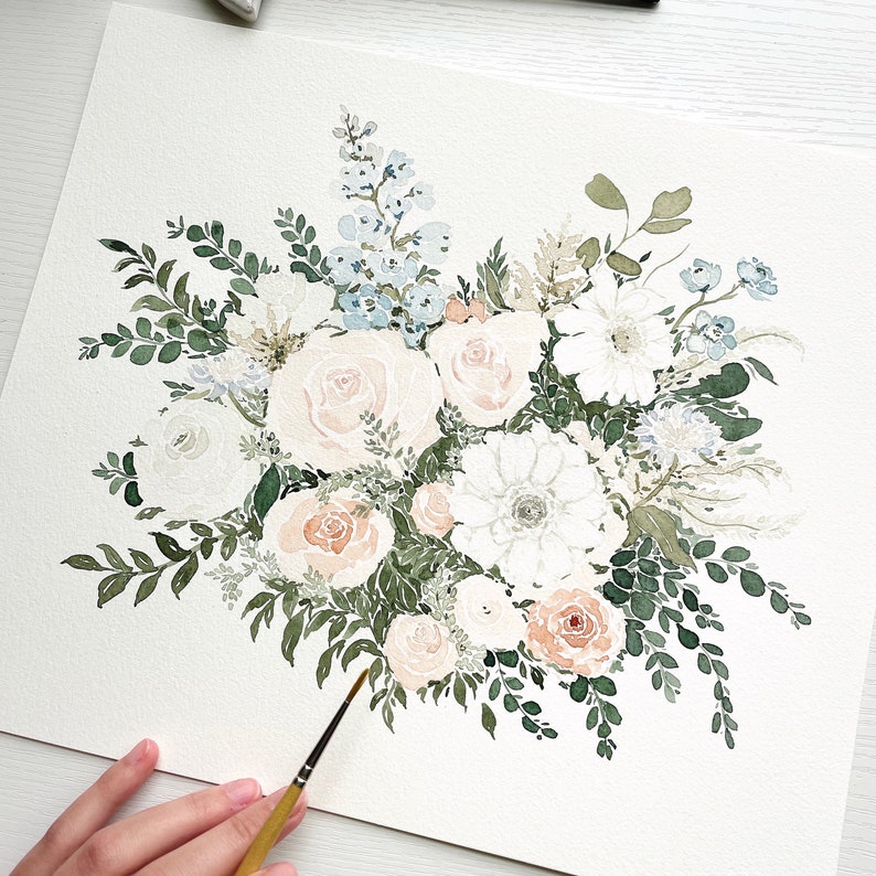 Custom Wedding Bouquet Watercolor Painting. Wedding Keepsake, Bridal Shower and Wedding Gift of Wedding Flowers. Watercolor Floral Painting image 5