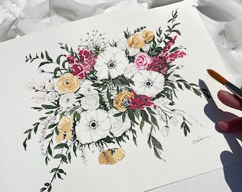 Custom Wedding Bouquet Watercolor Painting. Wedding Keepsake, Bridal Shower and Wedding Gift of Wedding Flowers. Watercolor Floral Painting