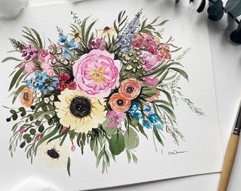 Kundenspezifische Hochzeitsblumenstrauß-Aquarellmalerei. Hochzeit Andenken, Brautparty und Hochzeitsgeschenk der Hochzeitsblumen. Aquarell Blumen Malerei