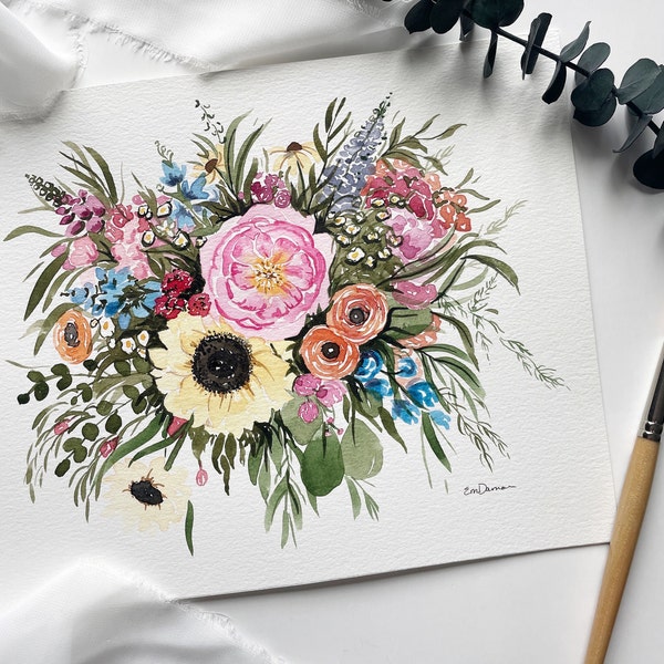 Aquarelle personnalisée pour bouquet de mariage. Souvenir de mariage, douche nuptiale et cadeau de mariage de fleurs de mariage. Peinture florale à l'aquarelle