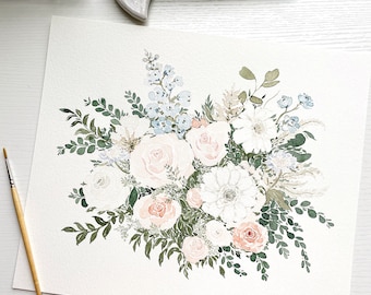 Kundenspezifische Hochzeitsblumenstrauß-Aquarellmalerei. Hochzeit Andenken, Brautparty und Hochzeitsgeschenk der Hochzeitsblumen. Aquarell Blumen Malerei