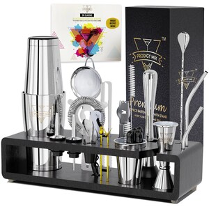 Bartender Kit with Stand, 20-Piece Cocktail Shaker Set, Groomsmen Gift, Wedding Gift for Couple, Mixology Bar Tools, Home Bar, Matte Black Silver