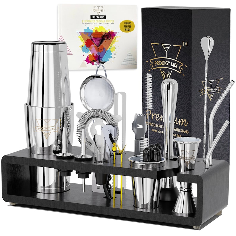 Bartender Kit with Stand, 20-Piece Cocktail Shaker Set, Groomsmen Gift, Wedding Gift for Couple, Mixology Bar Tools, Home Bar, Matte Black Silver