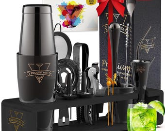Kit de coctelería con soporte, juego de 20 cocteleras negras, kit de mixología, herramientas de bar, accesorios para bar en casa, regalo del Día del Padre para papá.