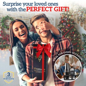 May include: A person is being surprised with a gift box wrapped in black paper with a red bow. The box has a gold label that says "Premium 20 Piece Bartender Kit With Stand Make Your Drinks Come Alive". The gift box is being held by a person wearing a red and black plaid shirt. The image also shows a 3 year warranty logo and a sign that says "Ideal for every occasion".