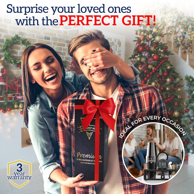 May include: A person is being surprised with a gift box wrapped in black paper with a red bow. The box has a gold label that says "Premium 20 Piece Bartender Kit With Stand Make Your Drinks Come Alive". The gift box is being held by a person wearing a red and black plaid shirt. The image also shows a 3 year warranty logo and a sign that says "Ideal for every occasion".