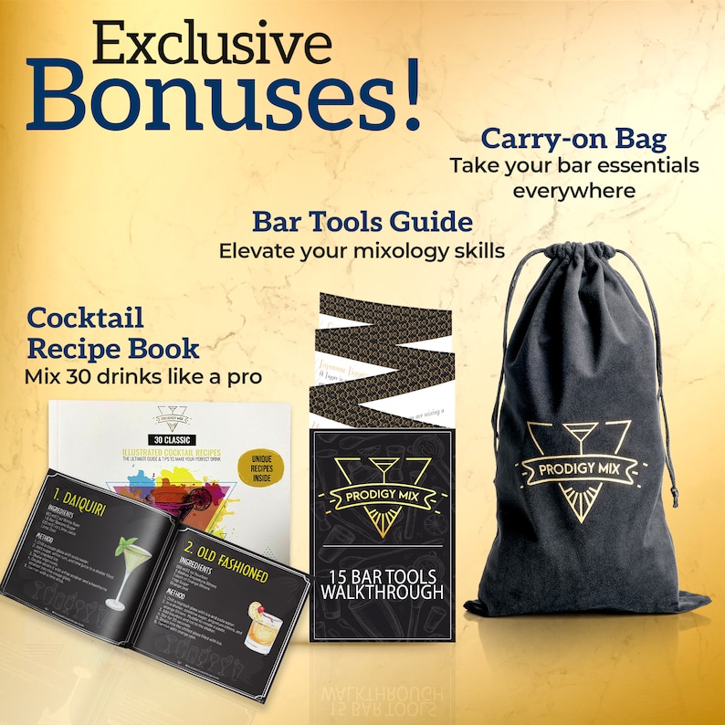 May include: A set of bar tools and cocktail recipe books with a black velvet carry-on bag. The bag has a gold logo that says "Prodigy Mix". The recipe book has a black cover with the text "30 Classic Illustrated Cocktail Recipes". The bar tools guide has a black and gold cover with the text "15 Bar Tools Walkthrough".