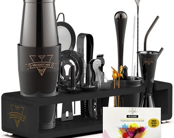 Kit de coctelería, juego de coctelería con soporte, regalo para esposo, novio, papá, para él, kit de mixología de 20 piezas, kit de herramientas para bar en casa, Día del Padre