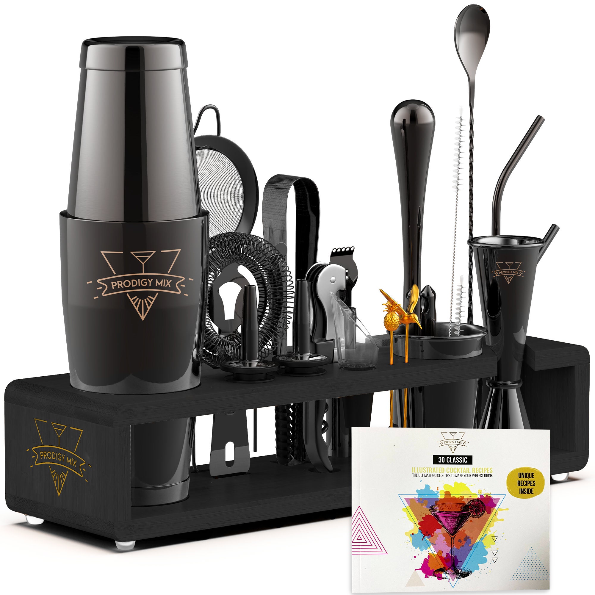 Elite Mixology Bartender Kit Cocktail Shaker Set by BARILLIO: Drink Mixer Set with Bar Tools Sleek Bamboo Stand Velvet Carry Bag & Recipes Booklet