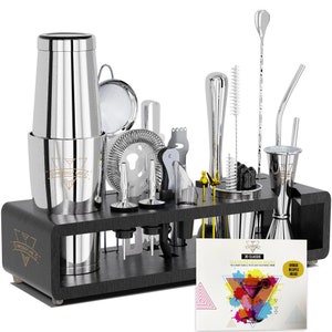 Elite Mixology Bartender Kit Cocktail Shaker Set by BARILLIO: Drink Mixer Set with Bar Tools Sleek Bamboo Stand Velvet Carry Bag & Recipes Booklet