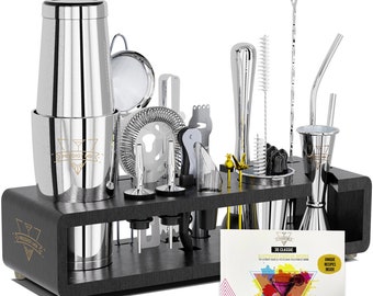 Matte Black Bartender Kit with Stand, 20-Piece Cocktail Shaker Set, Mixology Bar Tools, Home Bar Set, Father's Day Housewarming Gift for Him