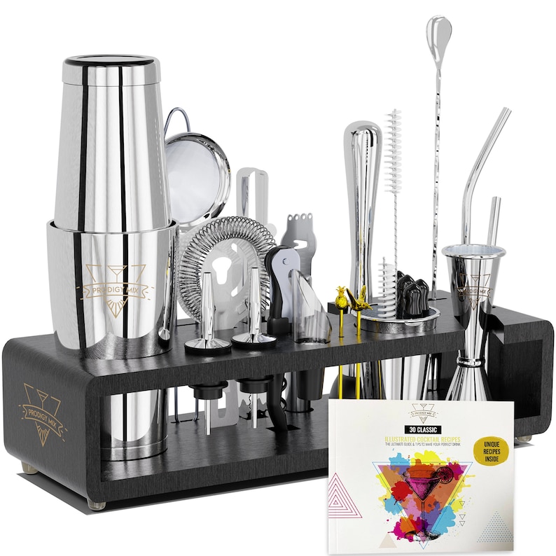 Matte Black Bartender Kit with Stand, 20-Piece Cocktail Shaker Set, Mixology Bar Tools, Home Bar Set, Father's Day Housewarming Gift for Him Silver