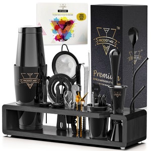 Bartender Kit with Stand, 20-Piece Cocktail Shaker Set, Groomsmen Gift, Wedding Gift for Couple, Mixology Bar Tools, Home Bar, Matte Black Black