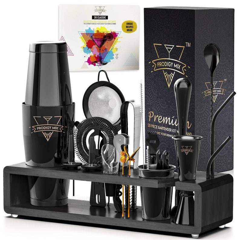 Bartender Kit with Stand, 20-Piece Cocktail Shaker Set, Groomsmen Gift, Wedding Gift for Couple, Mixology Bar Tools, Home Bar, Matte Black Black