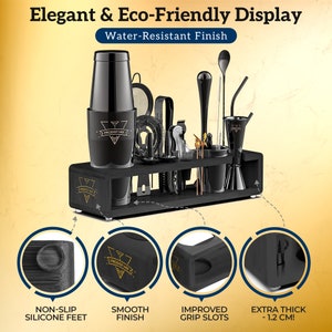 May include: Black barware stand with a water-resistant finish, featuring a shaker, jigger, strainer, and other bar tools. The stand has non-slip silicone feet and extra thick grip slots. The stand is labeled "Prodigy Mix".