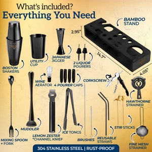 May include: A set of 14 bar tools made of 304 stainless steel, including a Boston shaker, a Japanese jigger, a wine aerator, a muddler, a mixing spoon with a fork, a lemon zester, ice tongs, a Hawthorne strainer, a fine mesh strainer, a corkscrew, four pourer caps, two liquor pourers, and four stir sticks. The tools are arranged on a black bamboo stand with the text "Everything You Need" and "304 Stainless Steel | Rust-Proof" printed on the bottom.