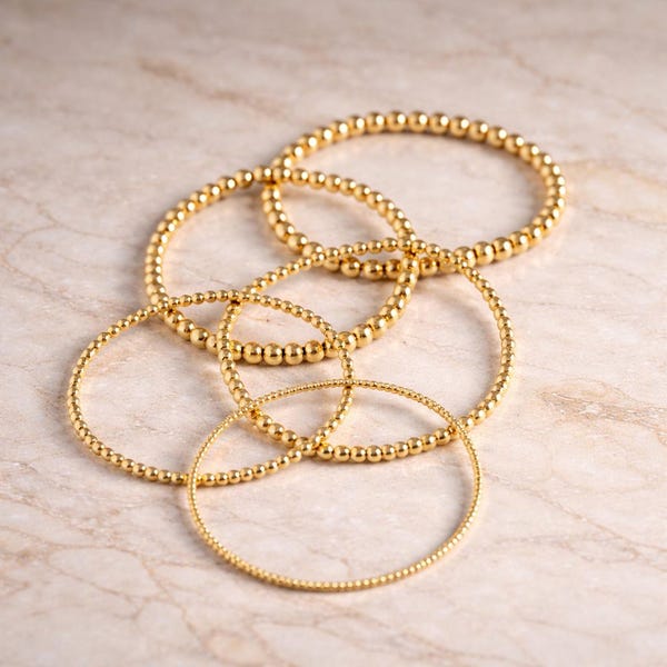 18k Gold Plated Beaded Bracelet, Gold Bead Bracelet, Dainty Bracelet, Waterproof Tarnish-Free, Beaded Stretchy Bracelet, Bracelet Stack