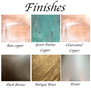 Puede incluir: Un collage de seis acabados met&aacute;licos diferentes: cobre en bruto, cobre con p&aacute;tina verde, cobre barnizado, bronce oscuro, lat&oacute;n antiguo y peltre.