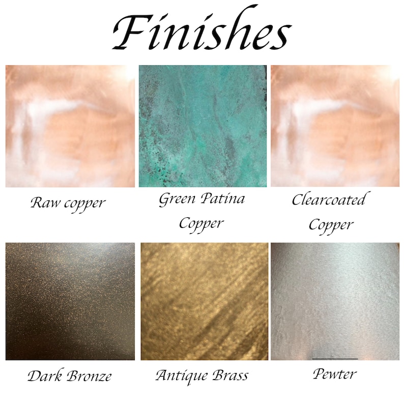 Puede incluir: Un collage de seis acabados met&aacute;licos diferentes: cobre en bruto, cobre con p&aacute;tina verde, cobre barnizado, bronce oscuro, lat&oacute;n antiguo y peltre.