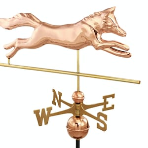 May include: A copper fox weathervane with a gold-colored base and directional arrows. The fox is leaping forward with its tail outstretched.