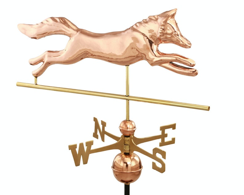May include: A copper fox weathervane with a gold-colored base and directional arrows. The fox is leaping forward with its tail outstretched.