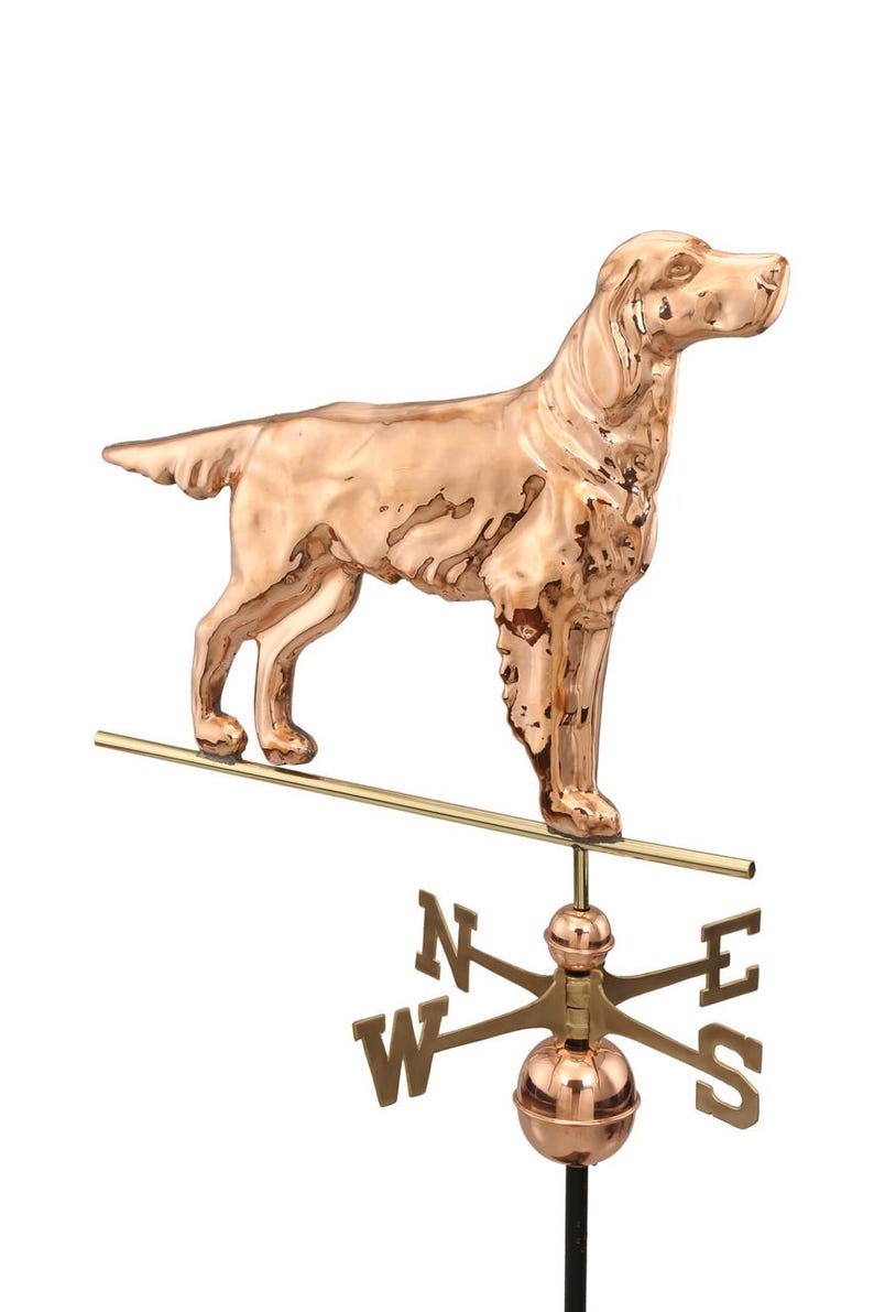 May include: Copper weather vane featuring a standing dog with a compass rose and directional arrows. The dog is facing right and has a long tail. The compass rose is in the center of the vane and has the letters N, S, E, and W.