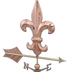 May include: Copper-colored weathervane featuring a fleur-de-lis design. The arrow points east, and the letters N, W, E, and S indicate the cardinal directions. The weathervane is made of copper and brass.