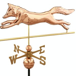 May include: A copper fox weather vane with a gold compass rose. The fox is in a leaping pose with its tail outstretched. The compass rose has the letters N, S, E, and W.