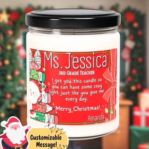 Personalized Teacher Gift from Student Christmas Holiday Candle, Custom Elementary 1st 2nd 3rd 4th 5th Kinder Preschool Teacher Candle Gift