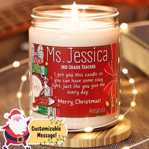 Personalized Teacher Gift from Student Christmas Holiday Candle, Custom Elementary 1st 2nd 3rd 4th 5th Kinder Preschool Teacher Candle